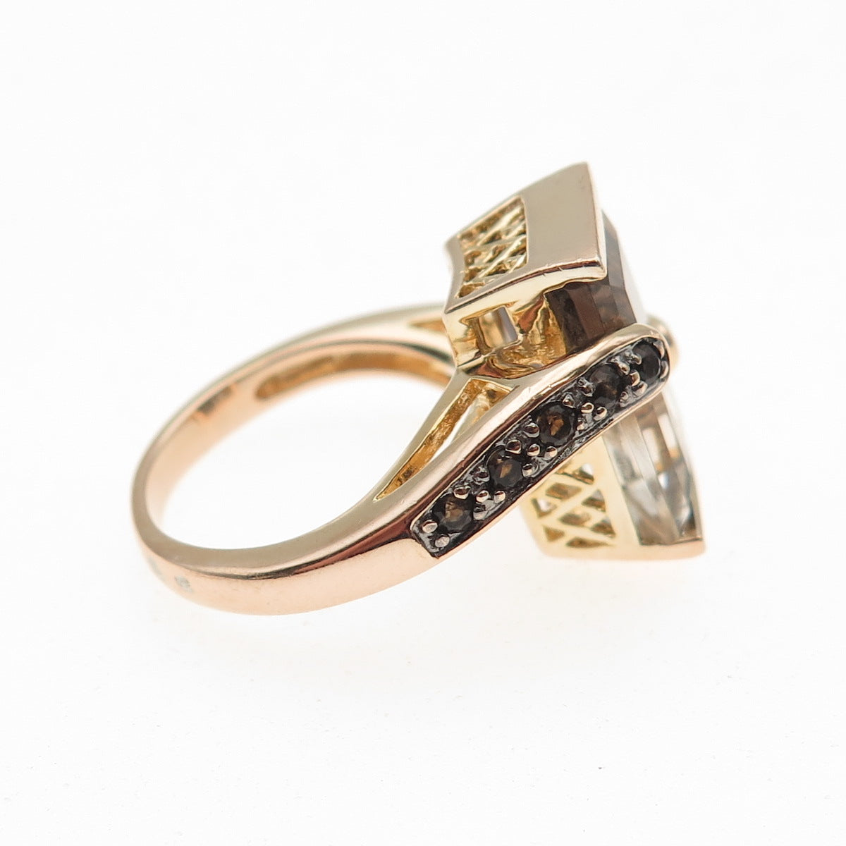925 Sterling Silver Gold Plated Real Smoky Quartz Bypass Ring Size 6.25
