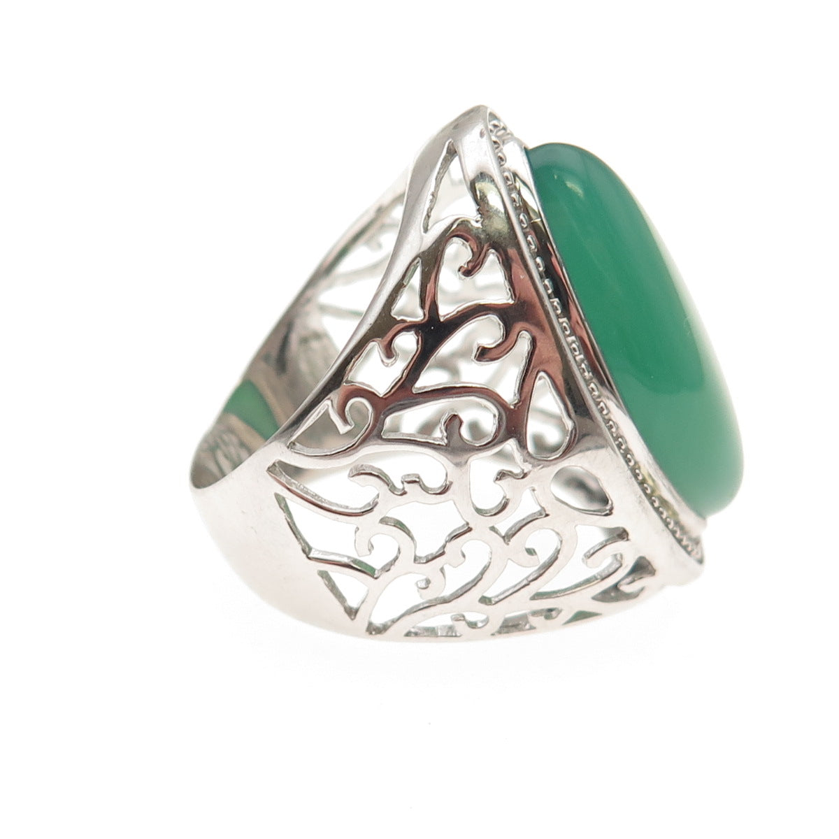 Ken Crafts 925 Sterling Silver Real Green Agate Floral Scroll Ring Size 8.5