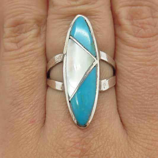 Old Pawn 925 Sterling Silver Vintage Mother-of-Pearl & Turquoise Ring Size 7.75