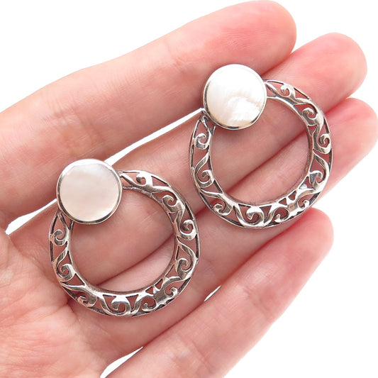 925 Sterling Silver Vintage Real MOP Door Knocker Ornate Oxidized Earrings