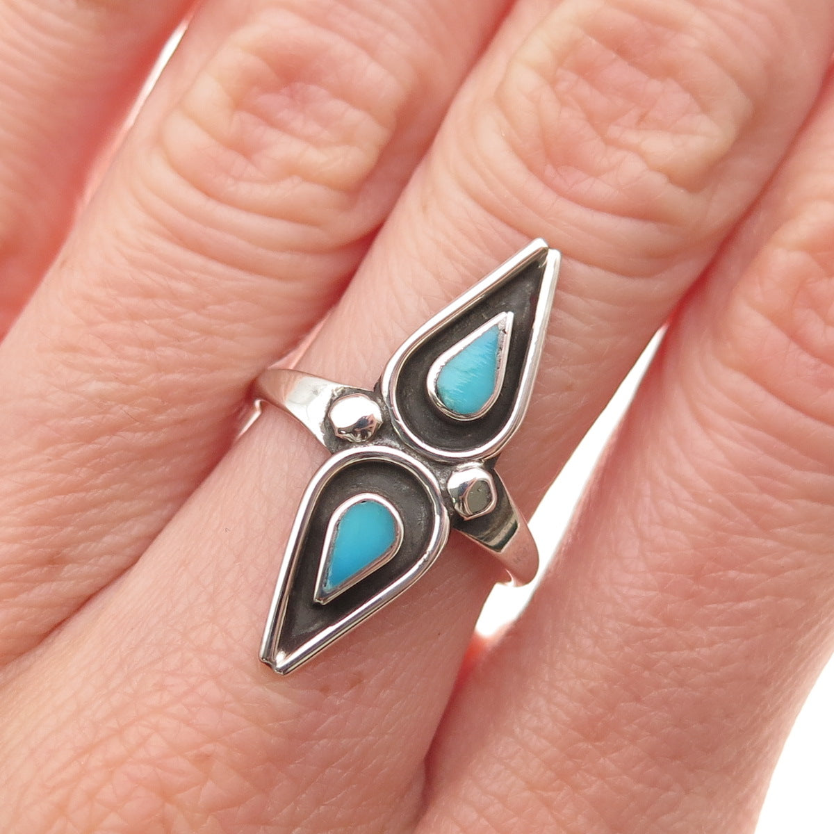 Old Pawn 925 Sterling Silver Vintage Southwestern Turquoise Tribal Ring Size 6.5