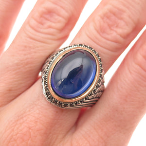 925 Sterling Silver 2-Tone Vintage Real Black Spinel & Blue Glass Ring Size 10.5