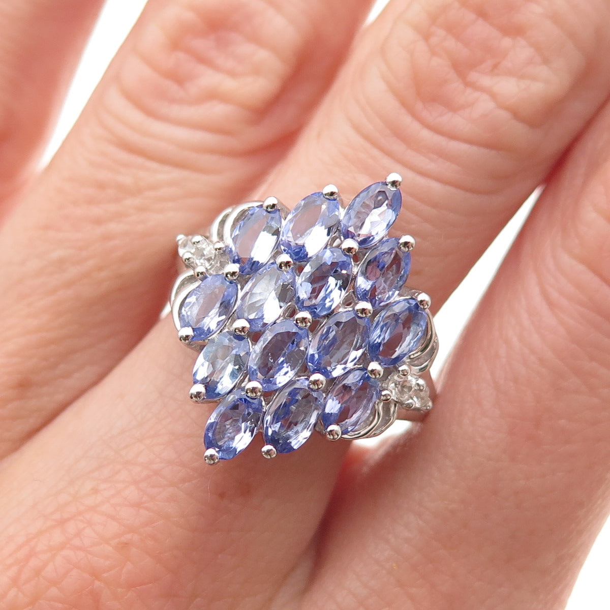 925 Sterling Silver Real Tanzanite & White Topaz Cluster Ring Size 8