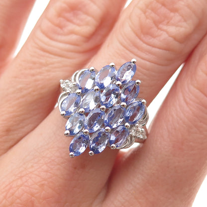 925 Sterling Silver Real Tanzanite & White Topaz Cluster Ring Size 8