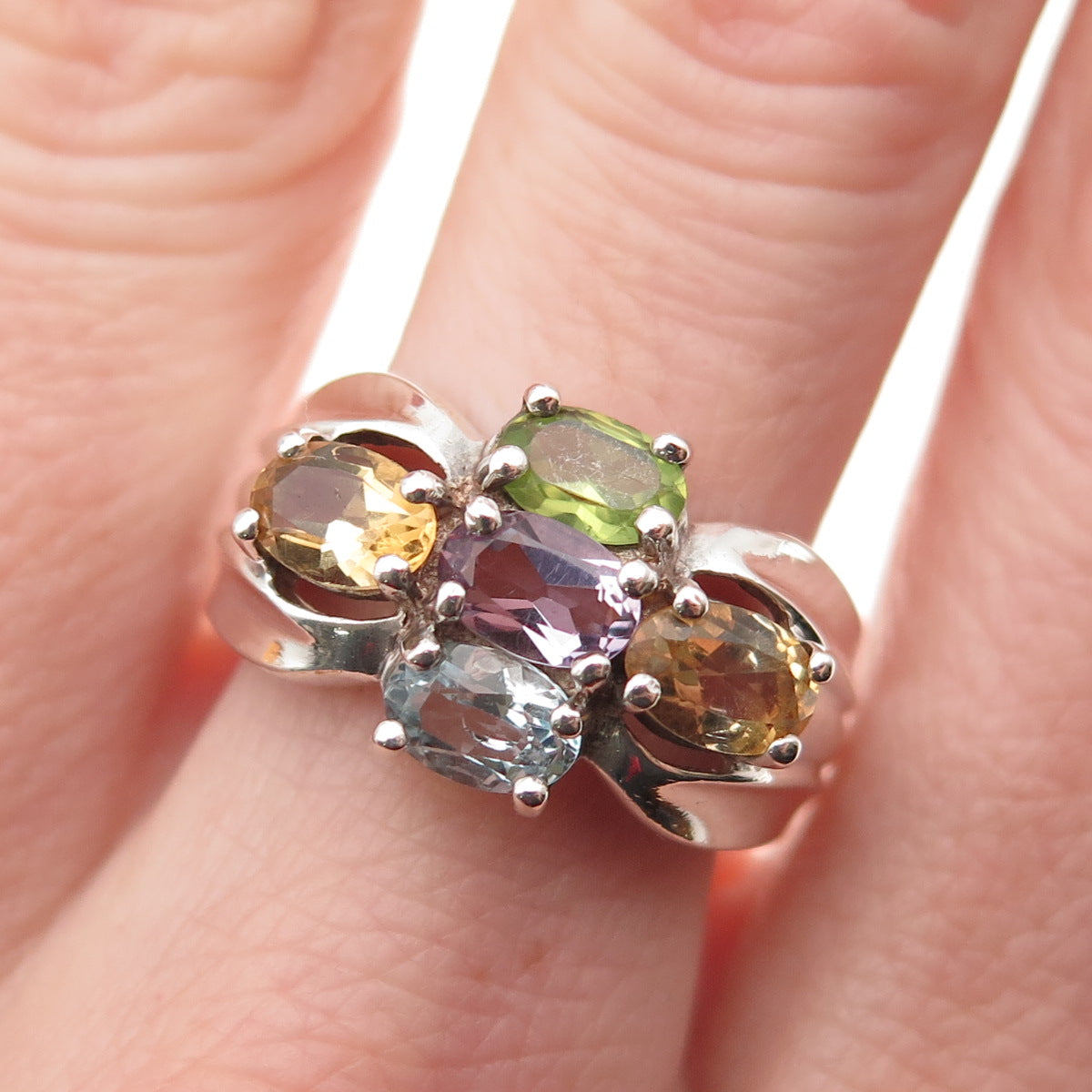 925 Sterling Silver Vintage Real Blue Topaz Amethyst Peridot Citrine Ring Size 8