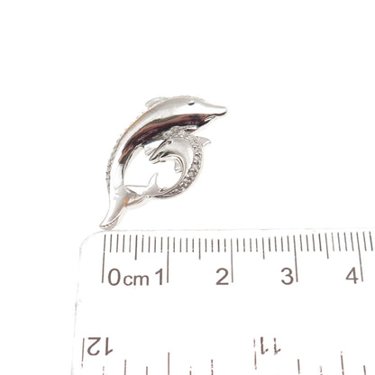 925 Sterling Silver Real Diamond Mom & Child Dolphin Slide Charm Pendant