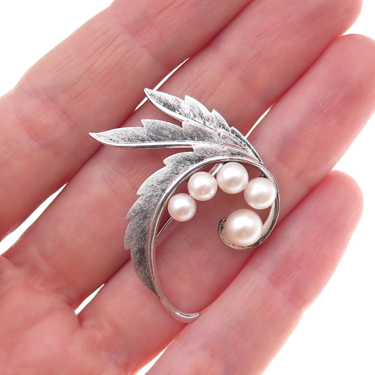 Mikimoto 925 Sterling Silver Antique Japan Real Akoya Pearl Floral Pin Brooch