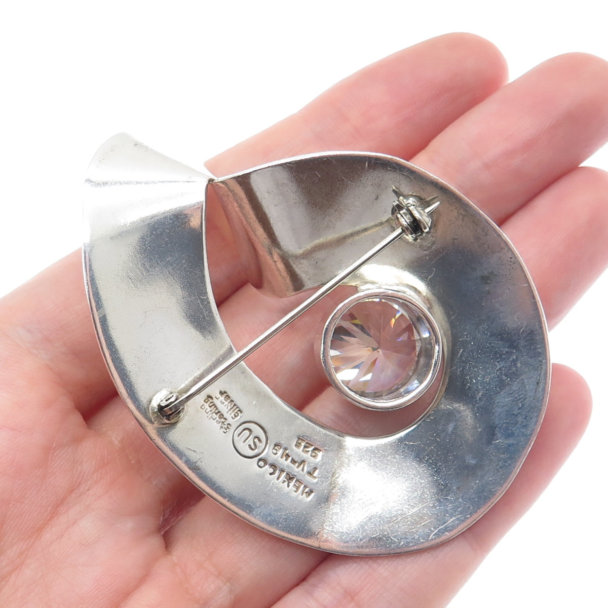925 Sterling Silver Vintage SU Mexico Round-Cut C Z Modernist Twisted Pin Brooch
