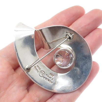925 Sterling Silver Vintage SU Mexico Round-Cut C Z Modernist Twisted Pin Brooch