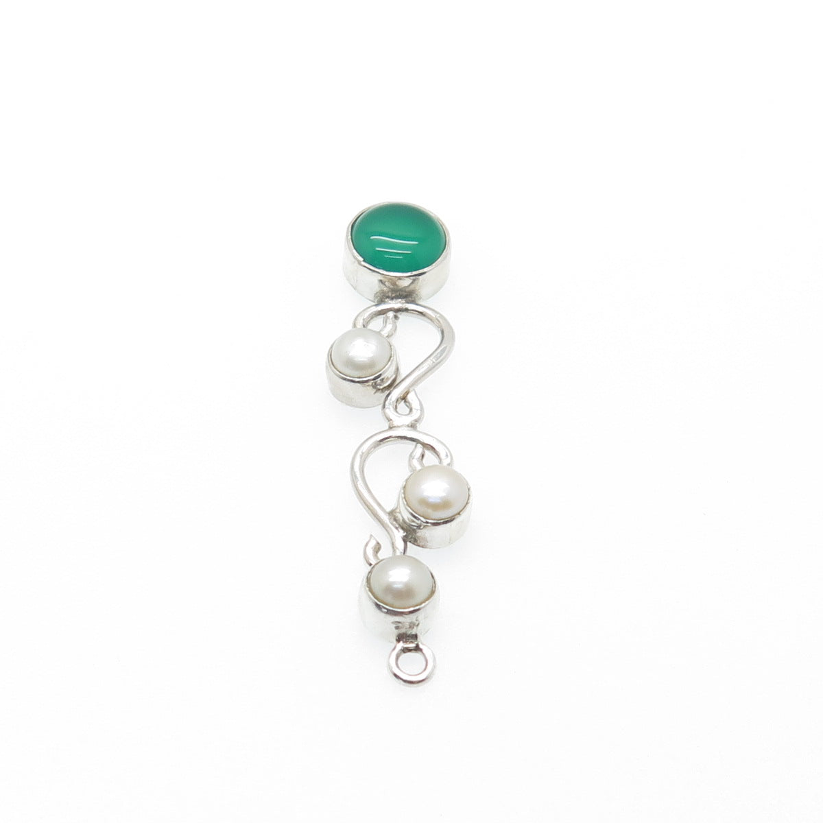 925 Sterling Silver Vintage Real Pearl & Green Chalcedony Swirl Pendant