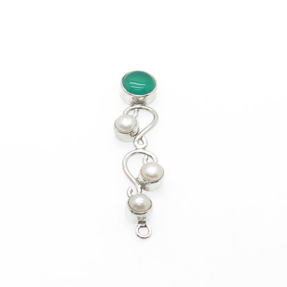 925 Sterling Silver Vintage Real Pearl & Green Chalcedony Swirl Pendant