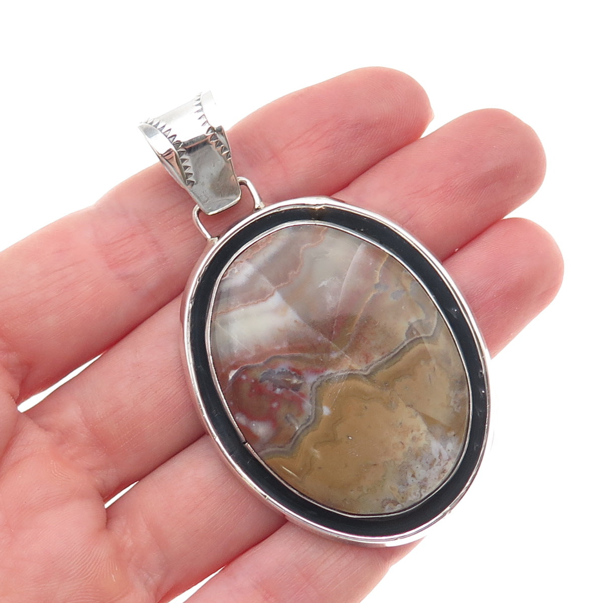 James Shay Navajo Old Pawn Sterling Silver Vintage Agate Large Tribal Pendant