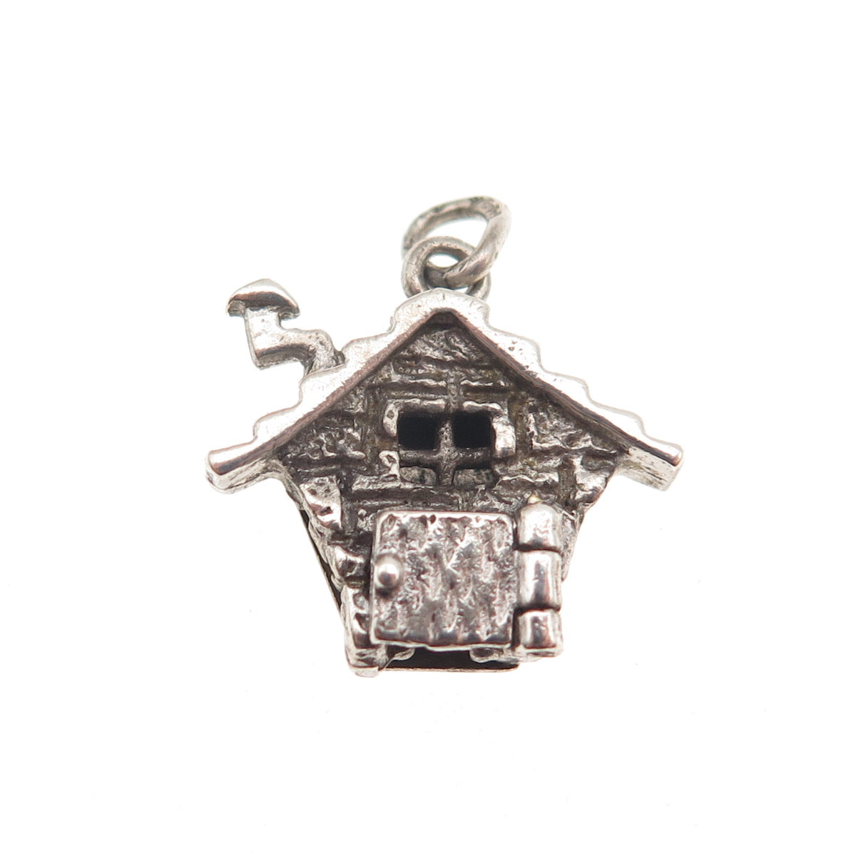 925 Sterling Silver Vintage Enamel Cabin Heart Oxidized Mini Open Charm Pendant