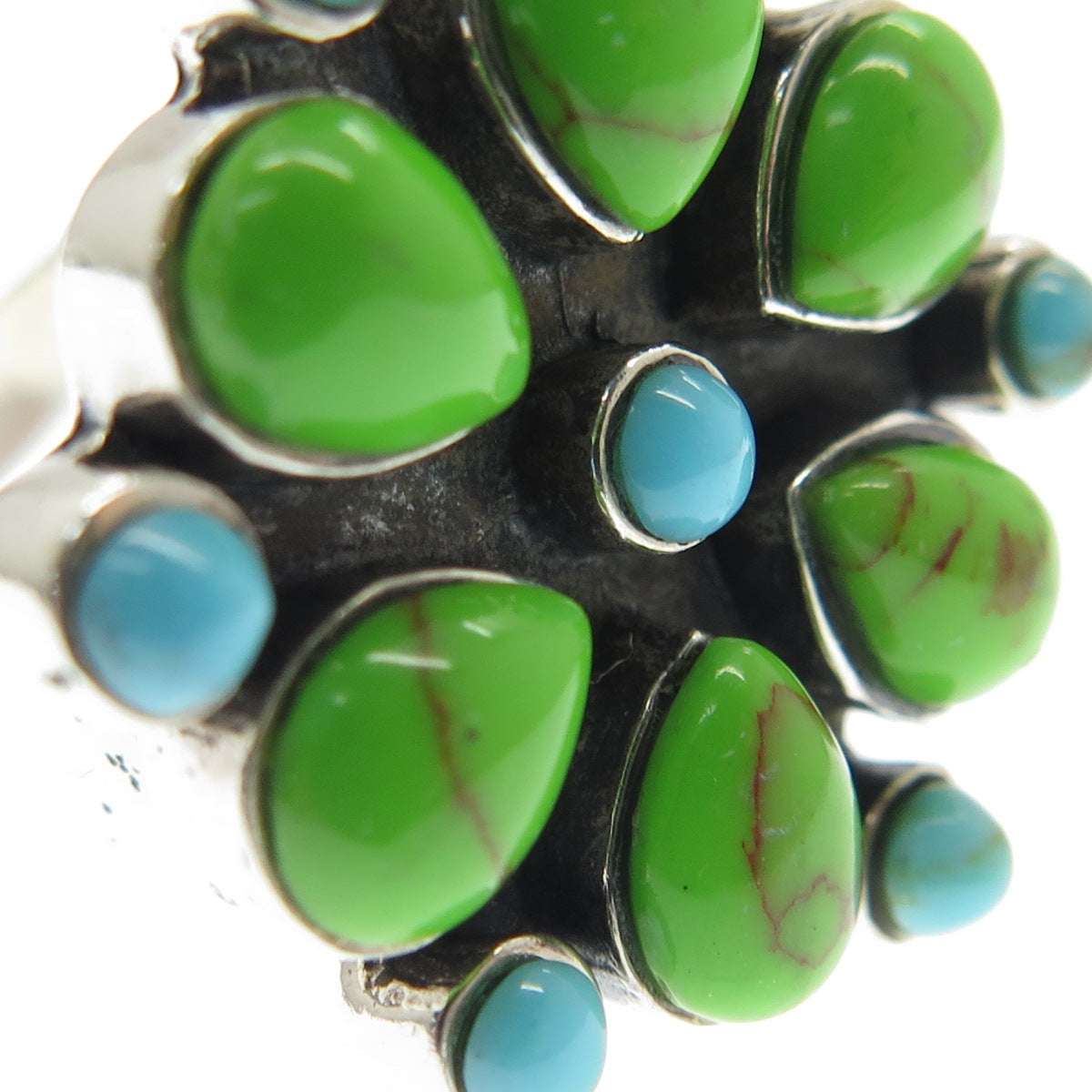 925 Sterling Silver Vintage Real Green & Blue Turquoise Gem Wide Ring Size 10.25