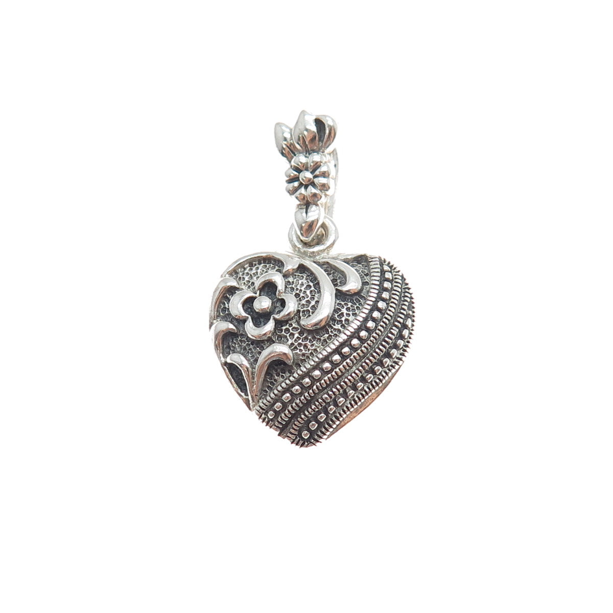 CHARLES WINSTON 925 Sterling Silver Vintage Flower Heart Oxidized Charm Pendant