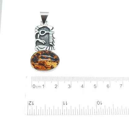 925 Sterling Silver Vintage Real Amber Aztec Symbol Oxidized Charm Pendant