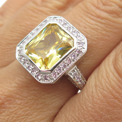 925 Sterling Silver Canary & Pink C Z Bohemian Ring Size 8