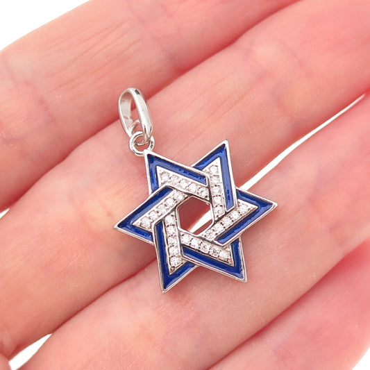 925 Sterling Silver Blue Enamel & C Z Star of David Charm Pendant