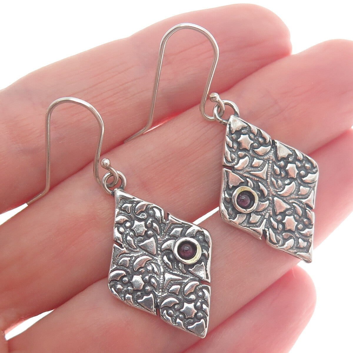 925 Sterling Silver Vintage Real Tourmaline Gem Floral Ornate Oxidized Earrings