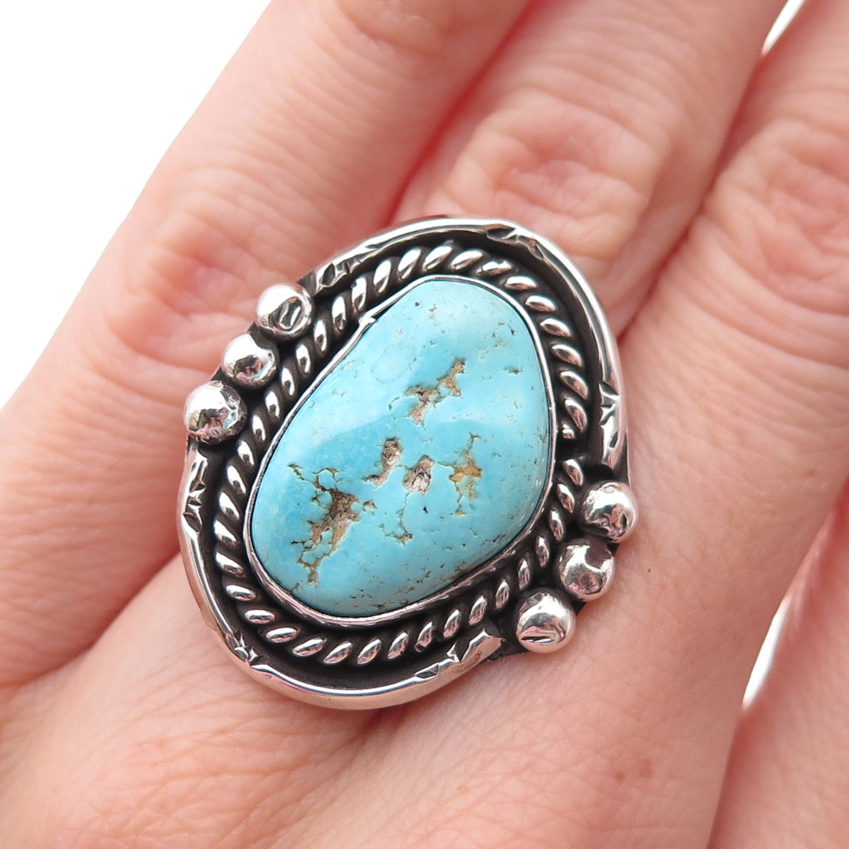 Old Pawn 925 Sterling Silver Vintage Southwestern Turquoise Tribal Ring Size 6