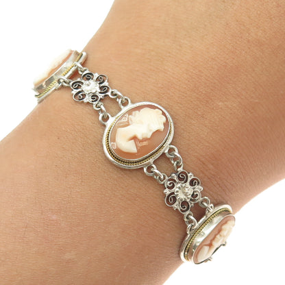 CAMEXCO 800 Silver Vintage Mother-Of-Pearl Cameo Victorian Lady Bracelet 6.75"