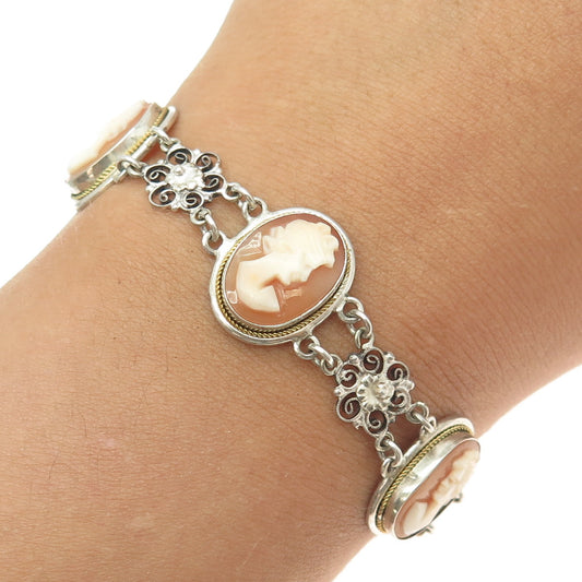 CAMEXCO 800 Silver Vintage Mother-Of-Pearl Cameo Victorian Lady Bracelet 6.75"