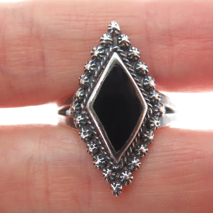 925 Sterling Silver Vintage Real Black Onyx Cannetille Oxidized Ring Size 9.5