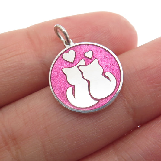 925 Sterling Silver Pink Enamel Cat Couple Round Tag Minimalist Charm Pendant
