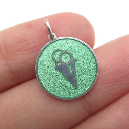 925 Sterling Silver Green Enamel Ice Cream Round Tag Minimalist Charm Pendant