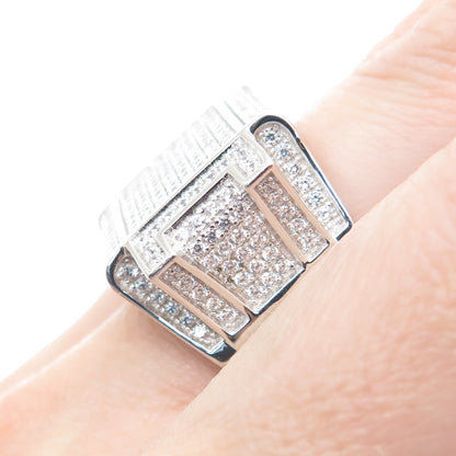 925 Sterling Silver Round-Cut Shaped C Z Signet Wide Ring Size 11.25