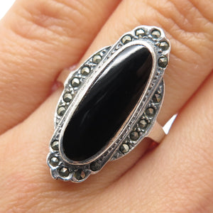 CHAPAL ZENRAY 925 Sterling Silver Vintage Real Black Onyx Marcasite Ring Size 8