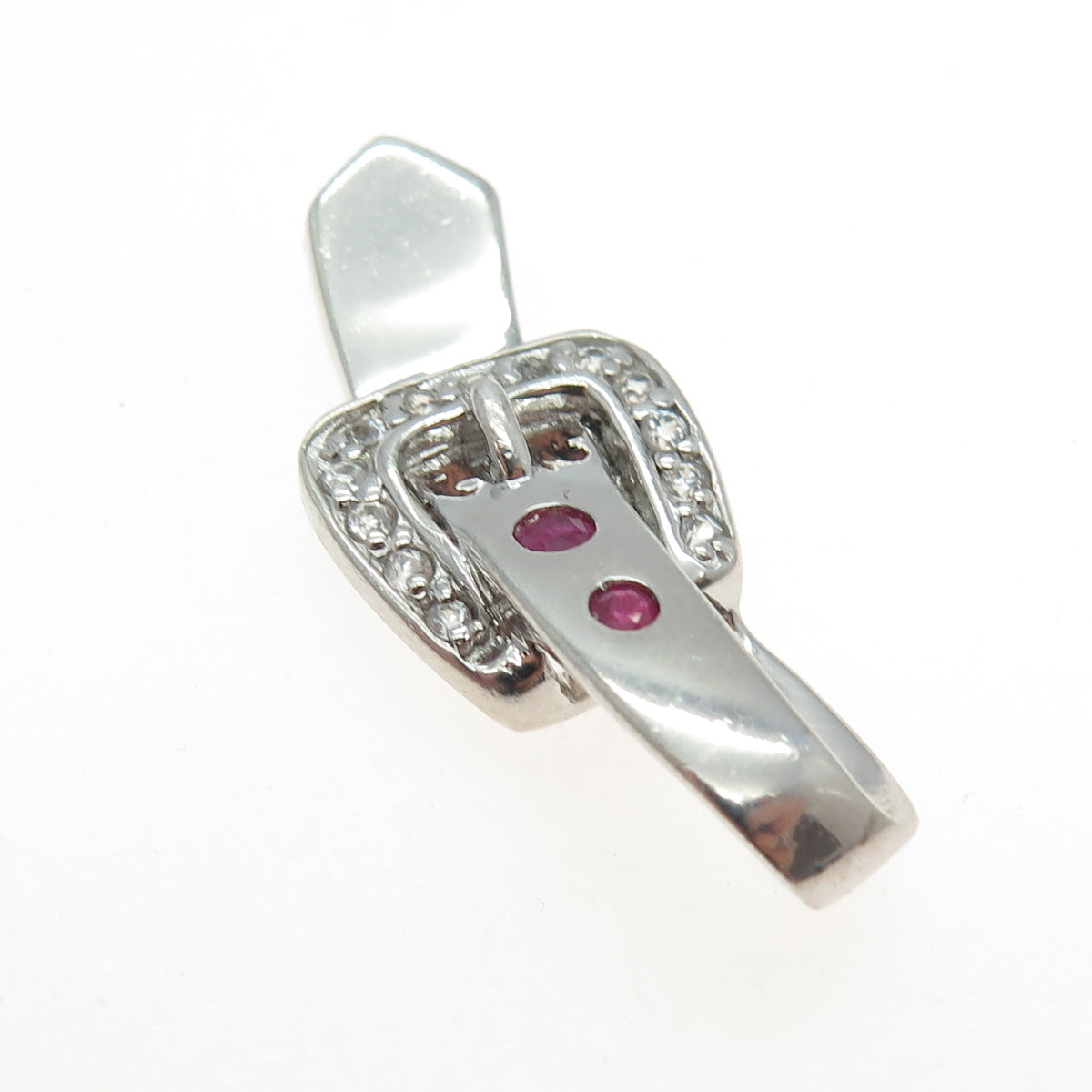 925 Sterling Silver Real Round-Cut Ruby & White Topaz Belt Buckle Hook Pendant