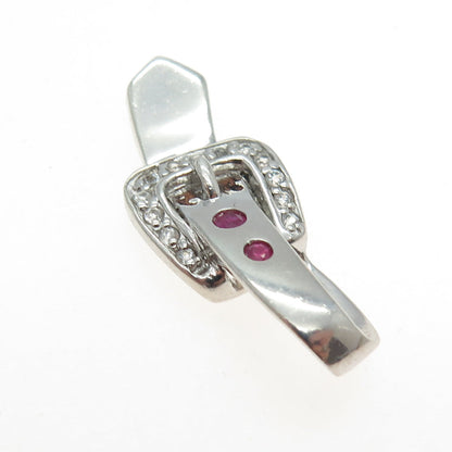 925 Sterling Silver Real Round-Cut Ruby & White Topaz Belt Buckle Hook Pendant