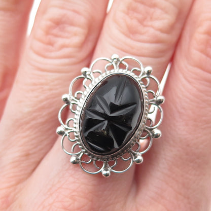 925 Sterling Silver Vintage Mexico Real Black Onyx Aztec God Ring Size 7.5