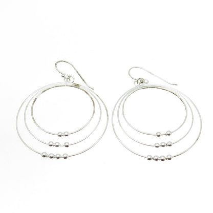 925 Sterling Silver Beaded Triple Circle Dangle Hook Earrings