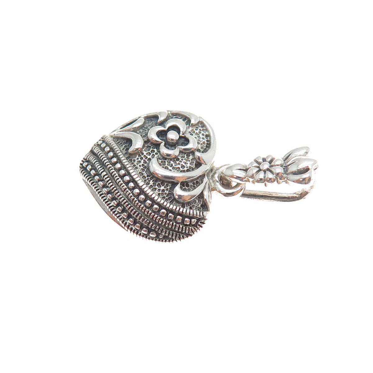 CHARLES WINSTON 925 Sterling Silver Vintage Flower Heart Oxidized Charm Pendant