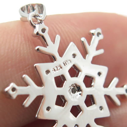 925 Sterling Silver Real Round-Cut Diamond Snowflake Minimalist Pendant