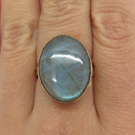 925 Sterling Silver Gold Plated Vintage Labradorite Adjustable Ring Size 7.25