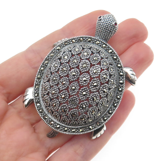 925 Sterling Silver Vintage Real Marcasite Turtle Pin Pendant (missing 1 stone)