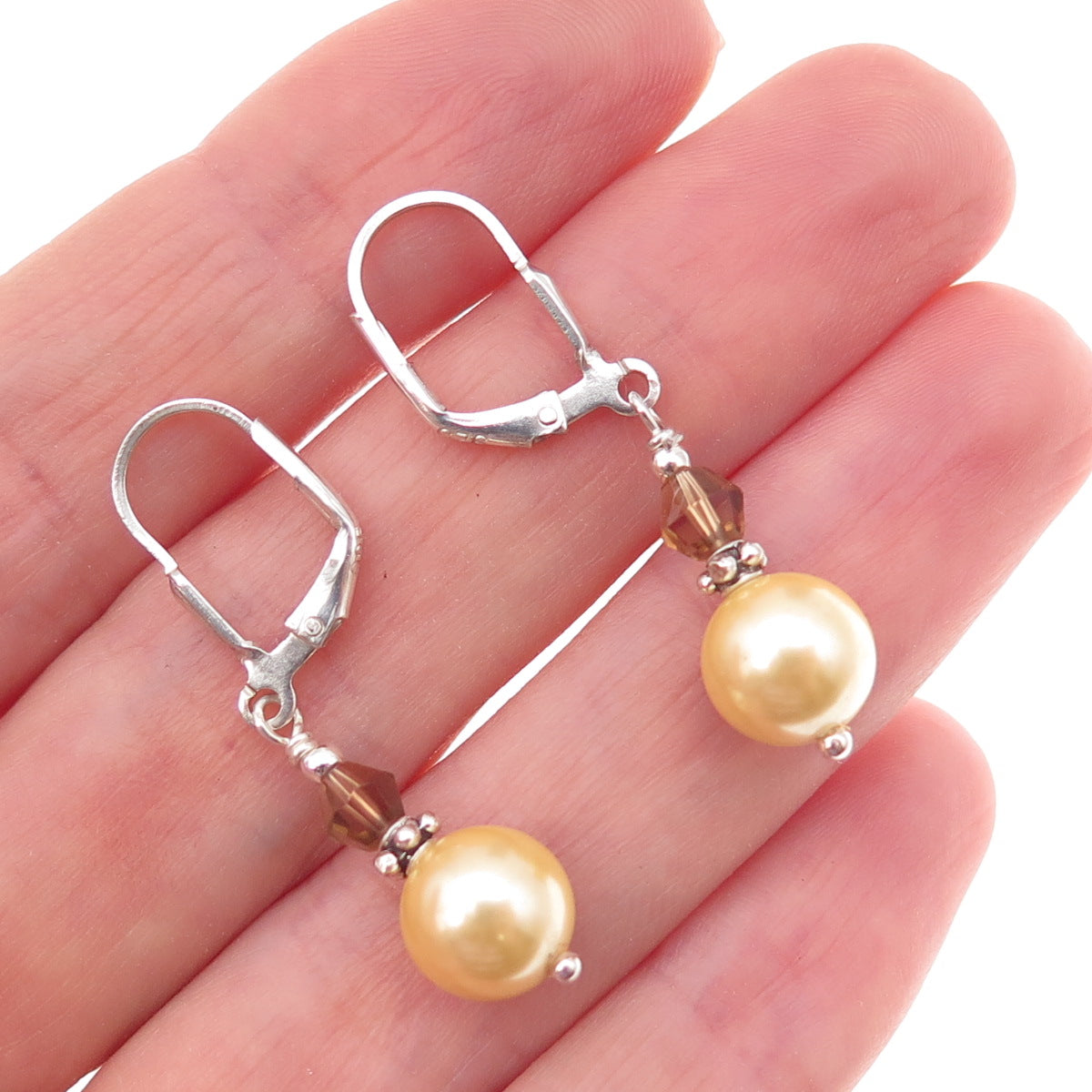925 Sterling Silver Vintage Faux Pearl & Real Smoky Quartz Dangle Earrings