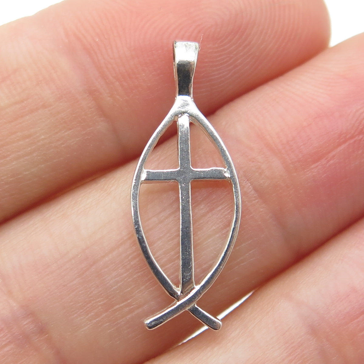 925 Sterling Silver Vintage Ichthys Symbol Cross Religious Pendant