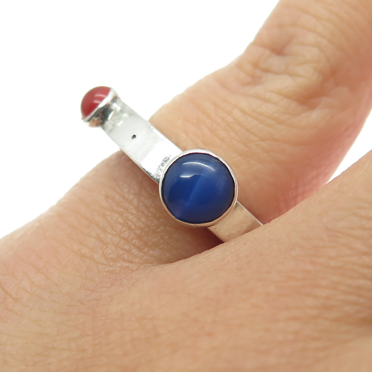 925 Sterling Vintage Blue Chalcedony & Carnelian Gem Modernist Ring Size 5.5