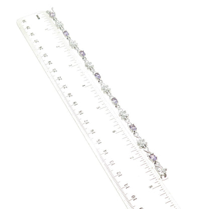 FADI 925 Sterling Silver Real Amethyst & C Z Flower Infinity Link Bracelet 7.5"