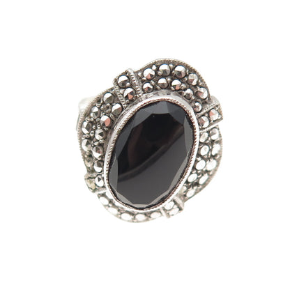 925 Sterling Silver Antique Art Deco Real Black Onyx & Marcasite Ring Size 6.25