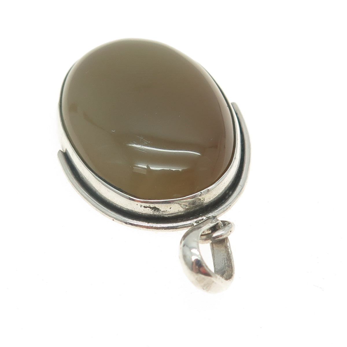 925 Sterling Silver Vintage Real Smoky Milky Agate Modernist Pendant