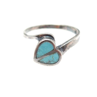 925 Sterling Silver Vintage Real Turquoise Modernist Heart Ring Size 8.25