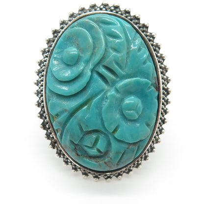 AMY KAHN RUSSELL 925 Sterling Silver Vintage Carved Turquoise Ring Size 8.75