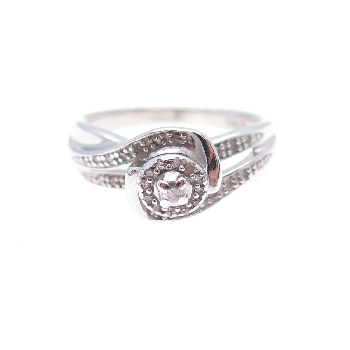 925 Sterling Silver Real Round-Cut Diamond Swirl Flower Ring Size 7