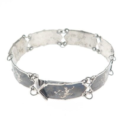 925 Sterling Silver Antique Siam Niello Hindu Goddess Panel Link Bracelet 7"