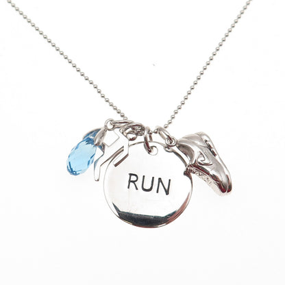 925 Sterling Silver Blue C Z Run Club Charms Beaded Chain Necklace 18"